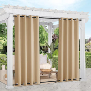 Beige outdoor privacy curtains with metal grommet top and bottom, hung on a white pergola.