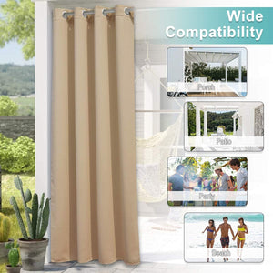 Single beige outdoor patio curtain panel with silver grommet tops, ideal for porch or pergola privacy.