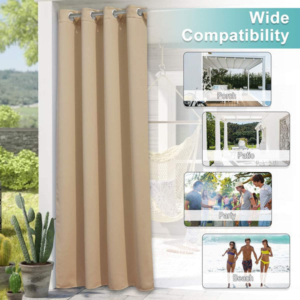 Single beige outdoor patio curtain panel with silver grommet tops, ideal for porch or pergola privacy.