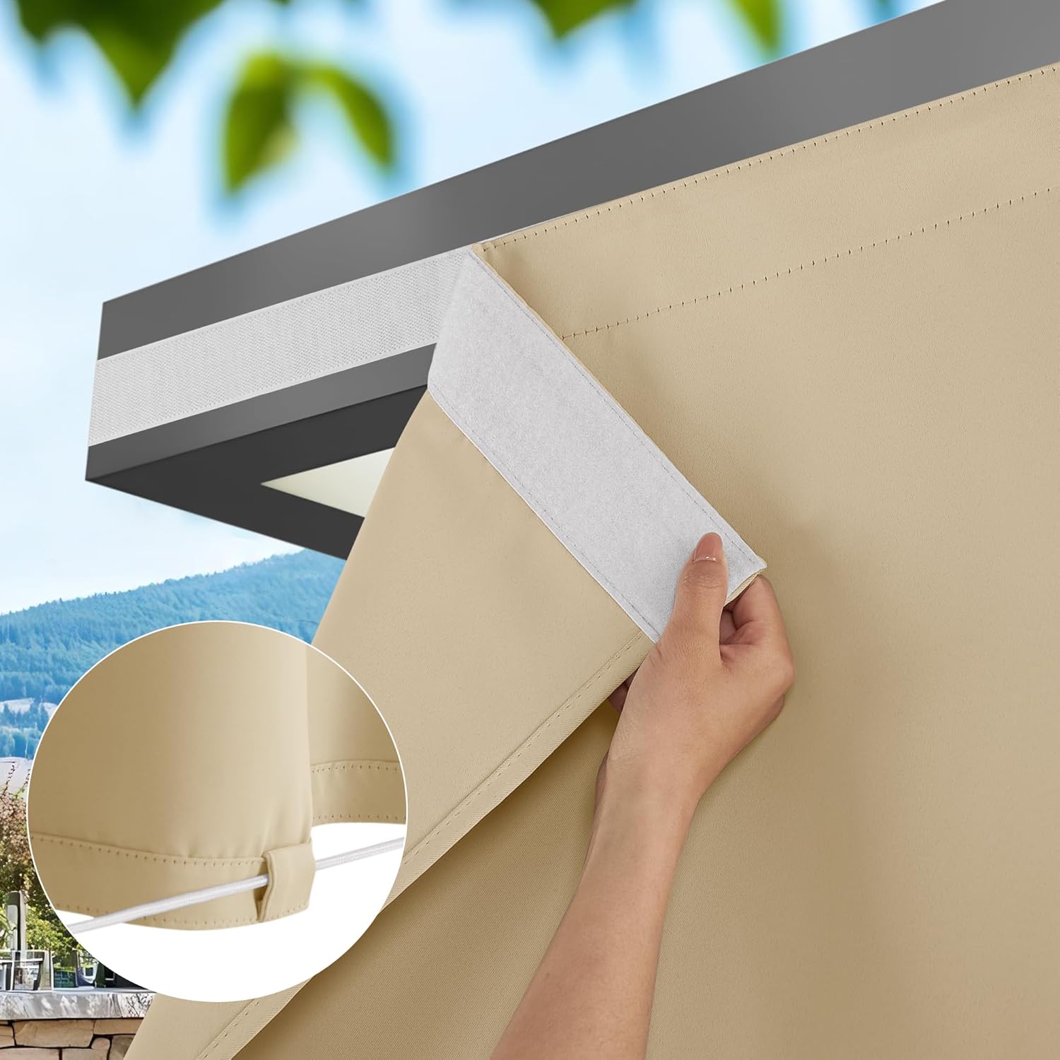 Hand attaching beige outdoor sun shade to a pergola with hook-and-loop fastener. Inset shows cord loop.