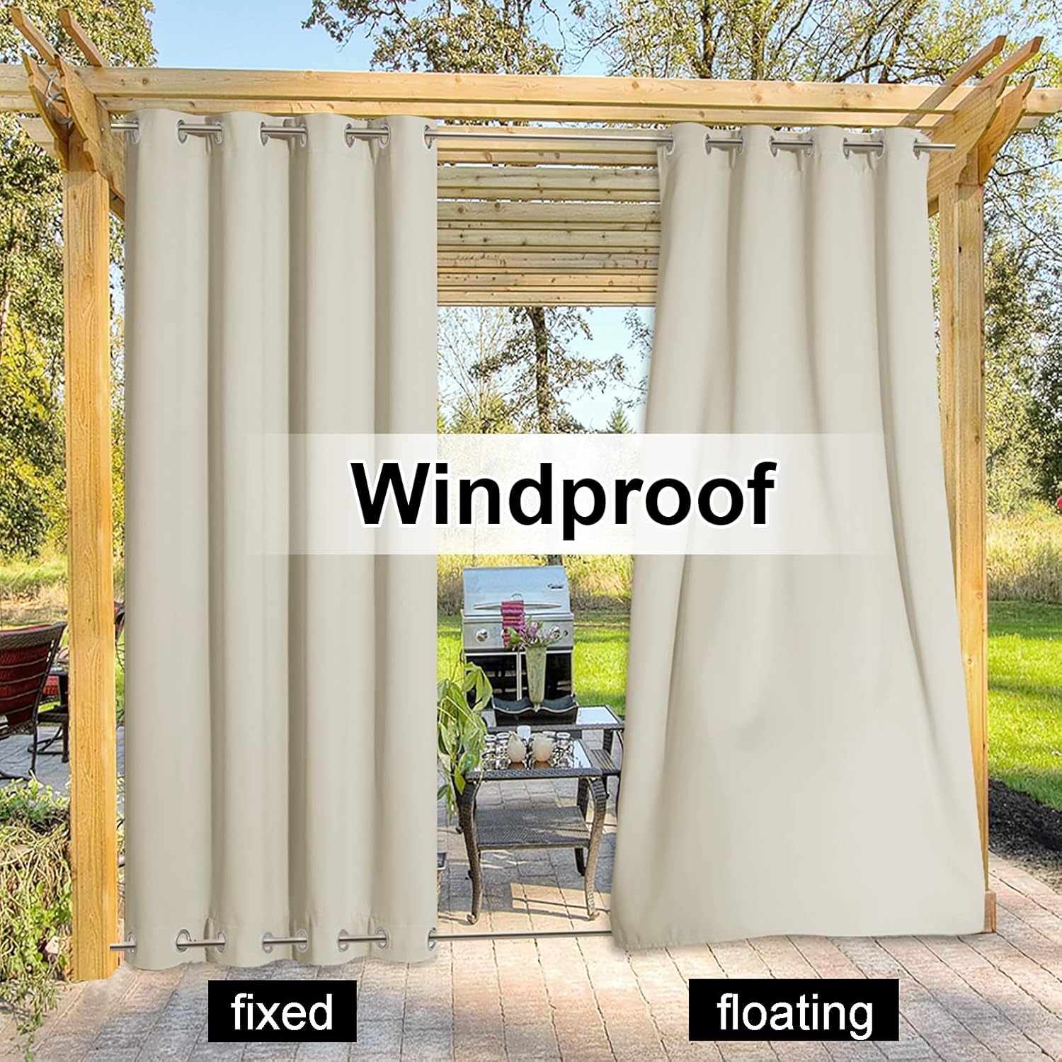 Beige windproof outdoor grommet curtains on a pergola, featuring fixed and floating bottom hems.