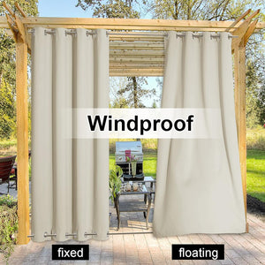 Beige windproof outdoor grommet curtains on a pergola, featuring fixed and floating bottom hems.