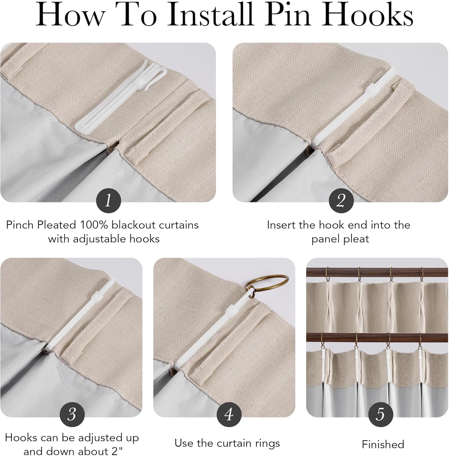 Multiple frames demonstrate installing adjustable pin hooks onto beige textured pinch-pleated blackout curtains.
