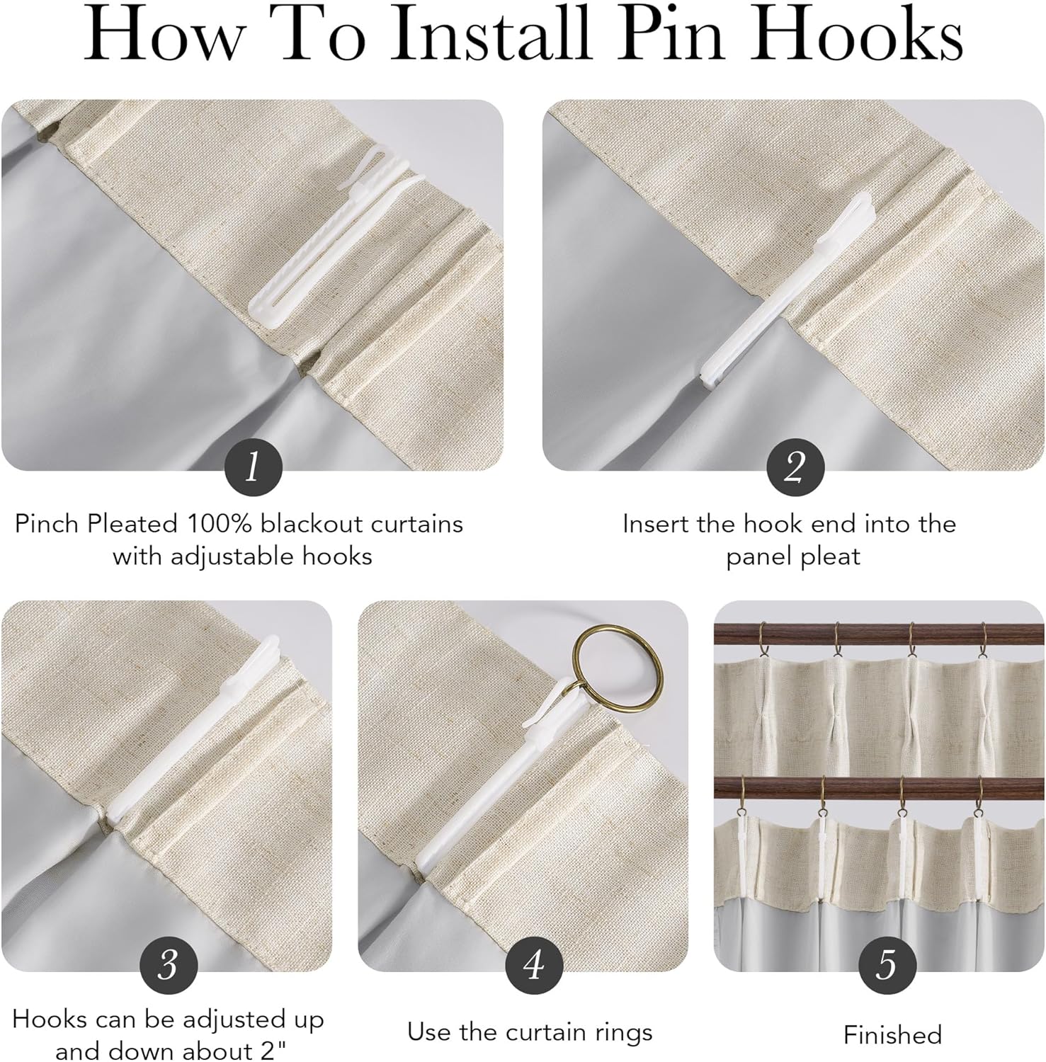 Guide showing how to install adjustable pin hooks on beige pinch pleated blackout curtains with grey lining.
