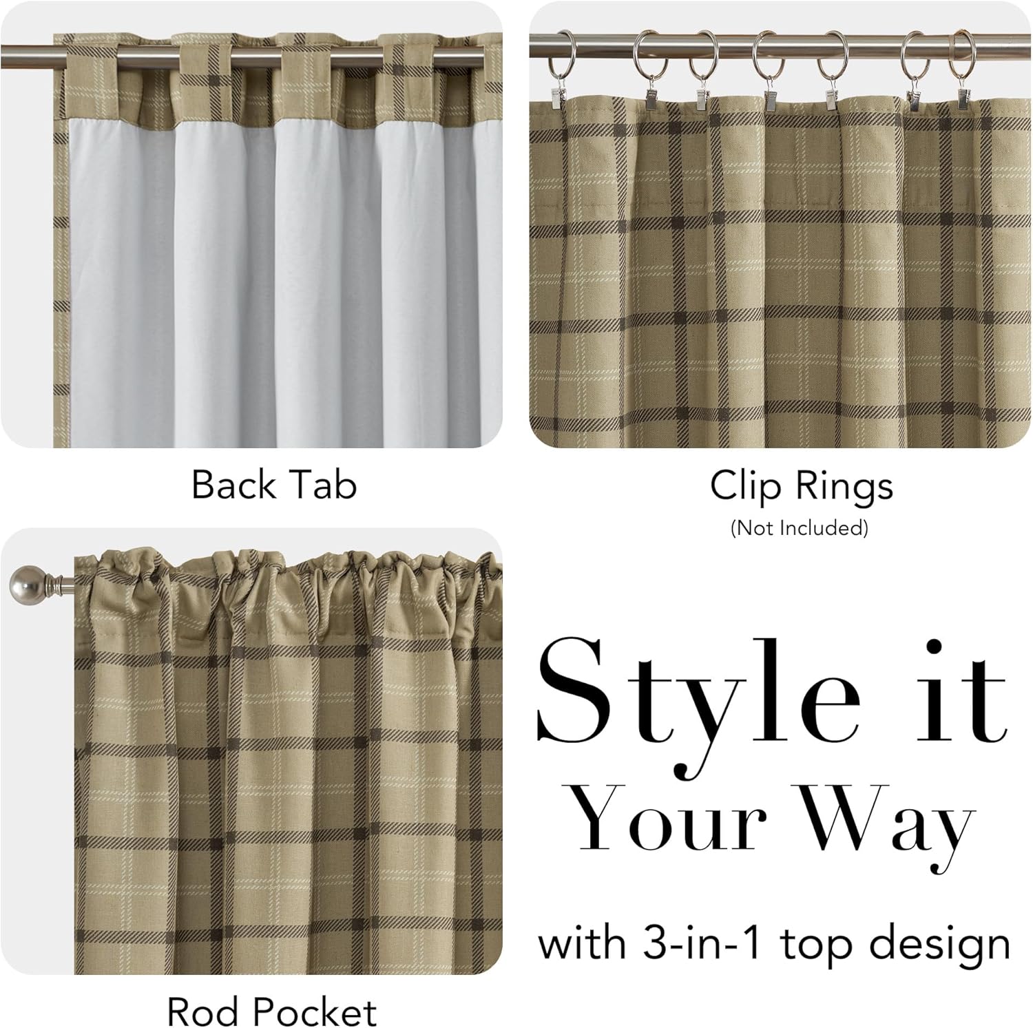 Beige plaid lined curtain showing versatile 3-in-1 top: back tab, rod pocket, clip ring options.