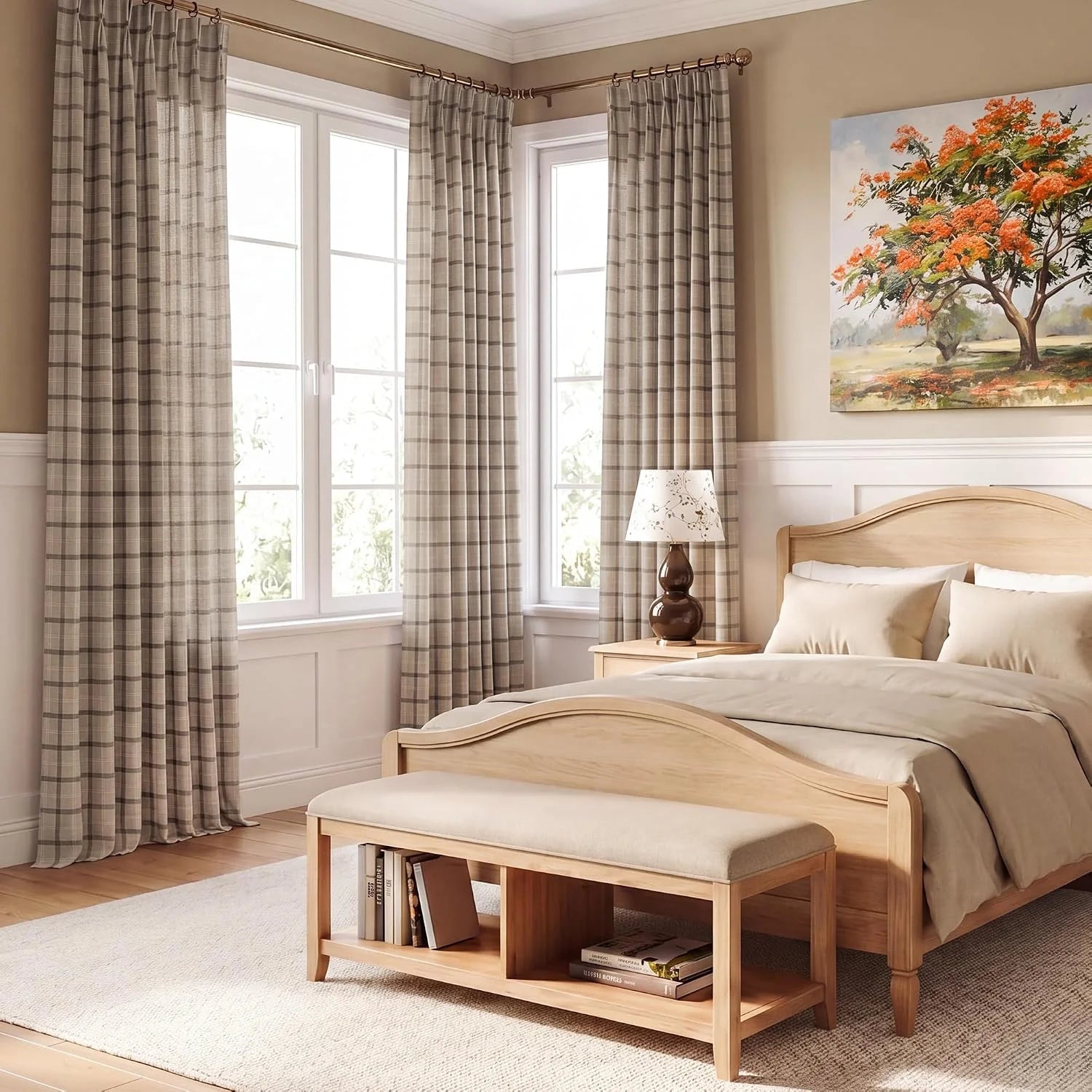 Beige plaid curtains on corner windows in a warm neutral traditional bedroom
