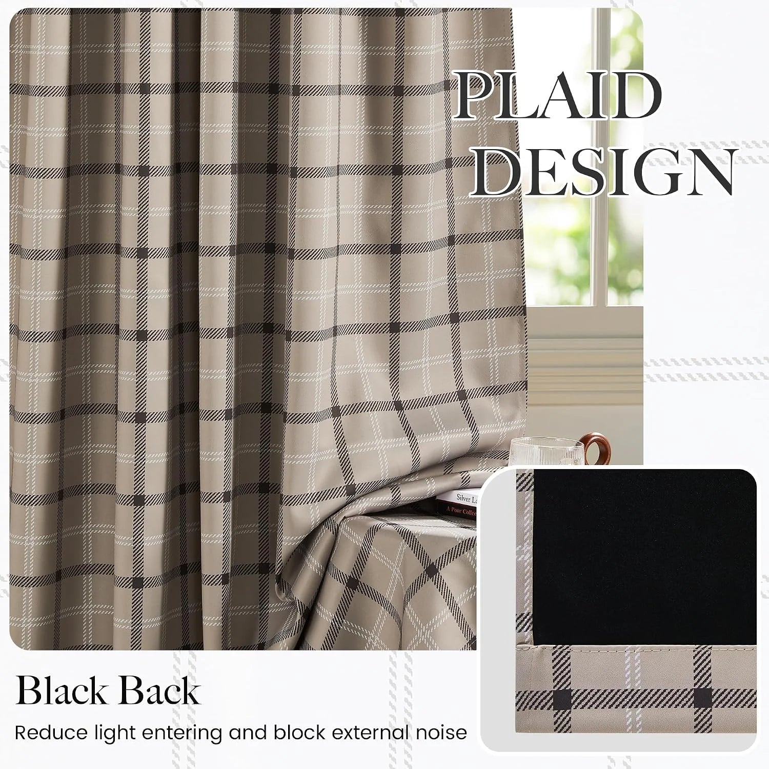 Beige plaid blackout curtain panel with black backing shown by a bright window