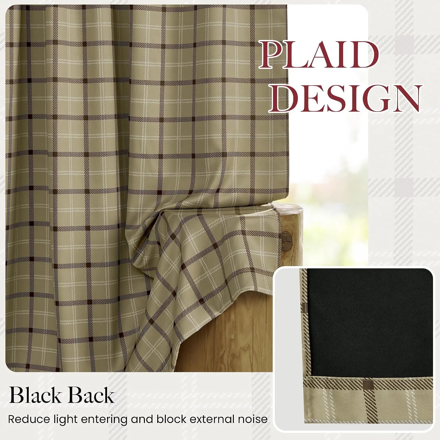 Beige plaid blackout curtain panel with black backing draped over a wooden stool