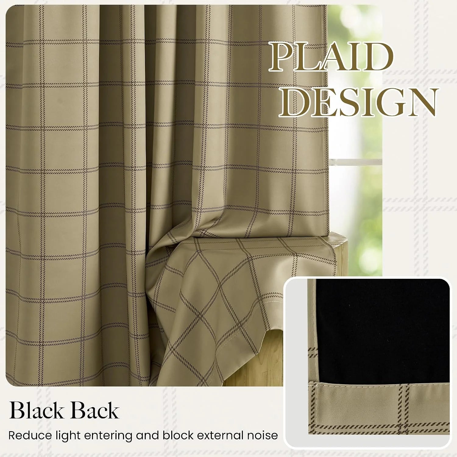 Beige plaid blackout curtain panel with black backing draped by a bright window