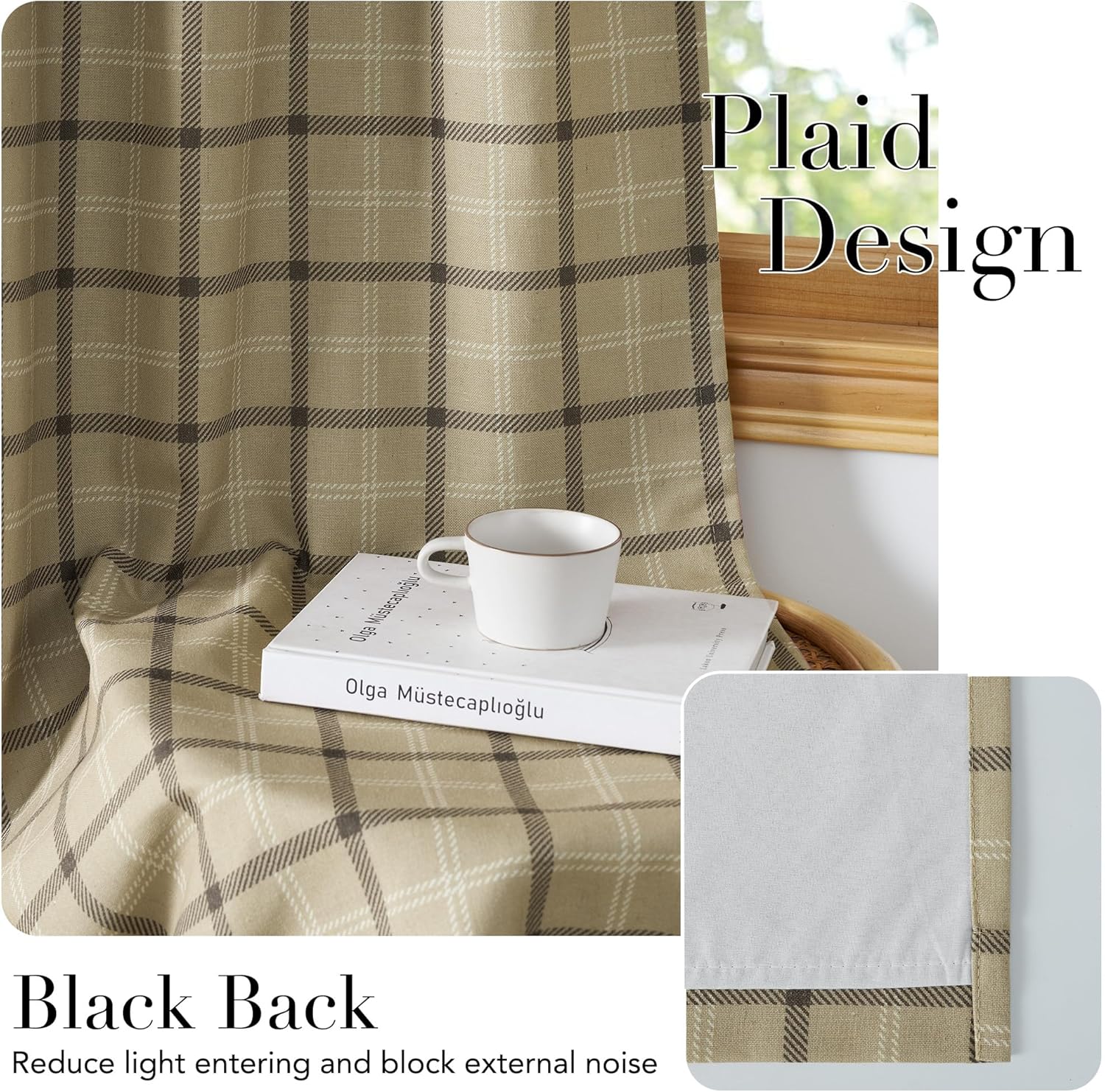 Beige plaid curtain panel with dark brown and cream lines, showing a light-reducing backing. Draped by a window.
