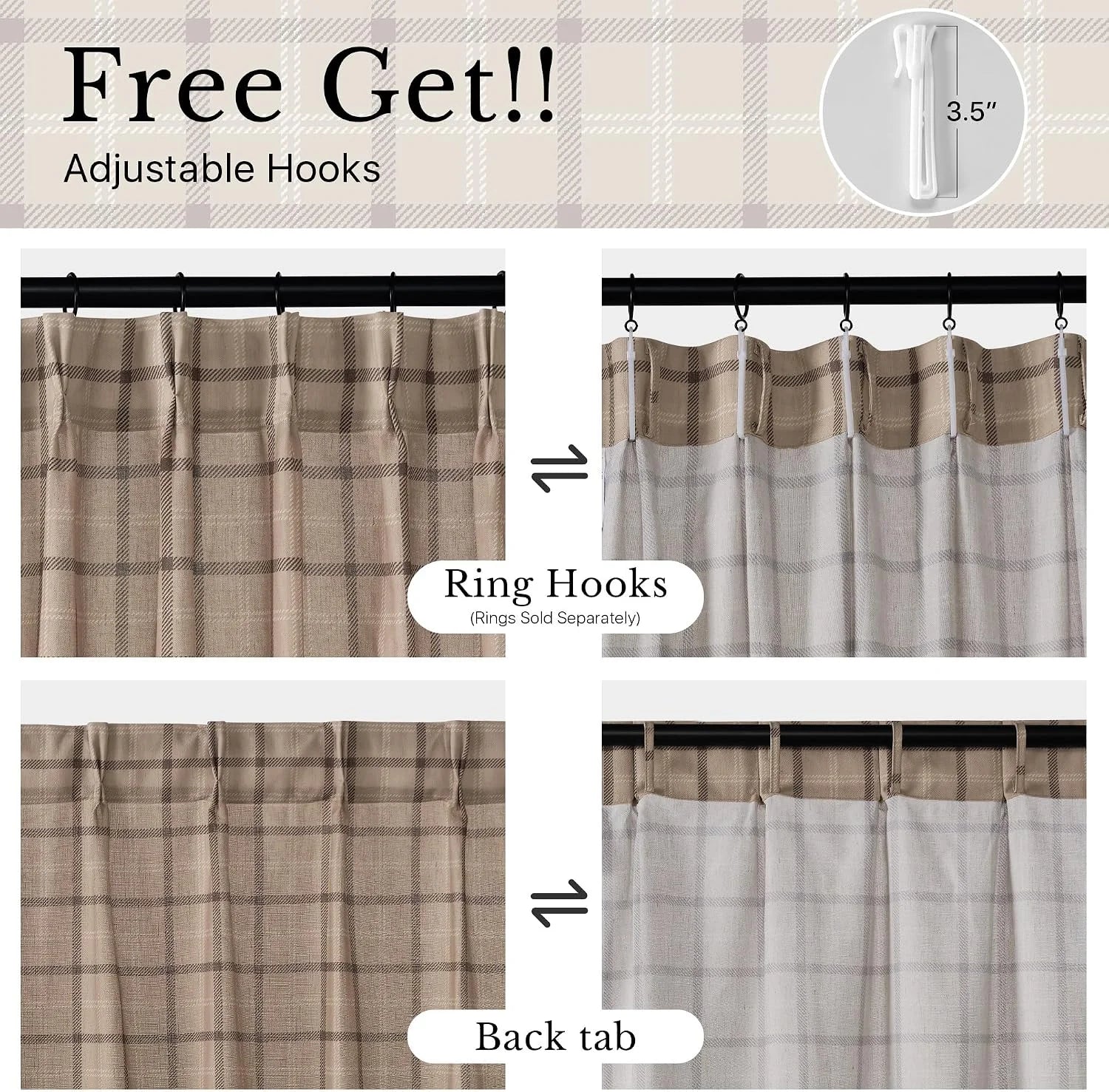 Beige plaid curtain panel with adjustable hooks, shown with ring hooks and back tab styles
