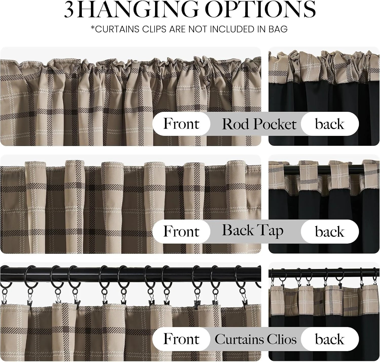 Beige plaid curtain panel showing rod pocket, back tab, and clip hanging styles
