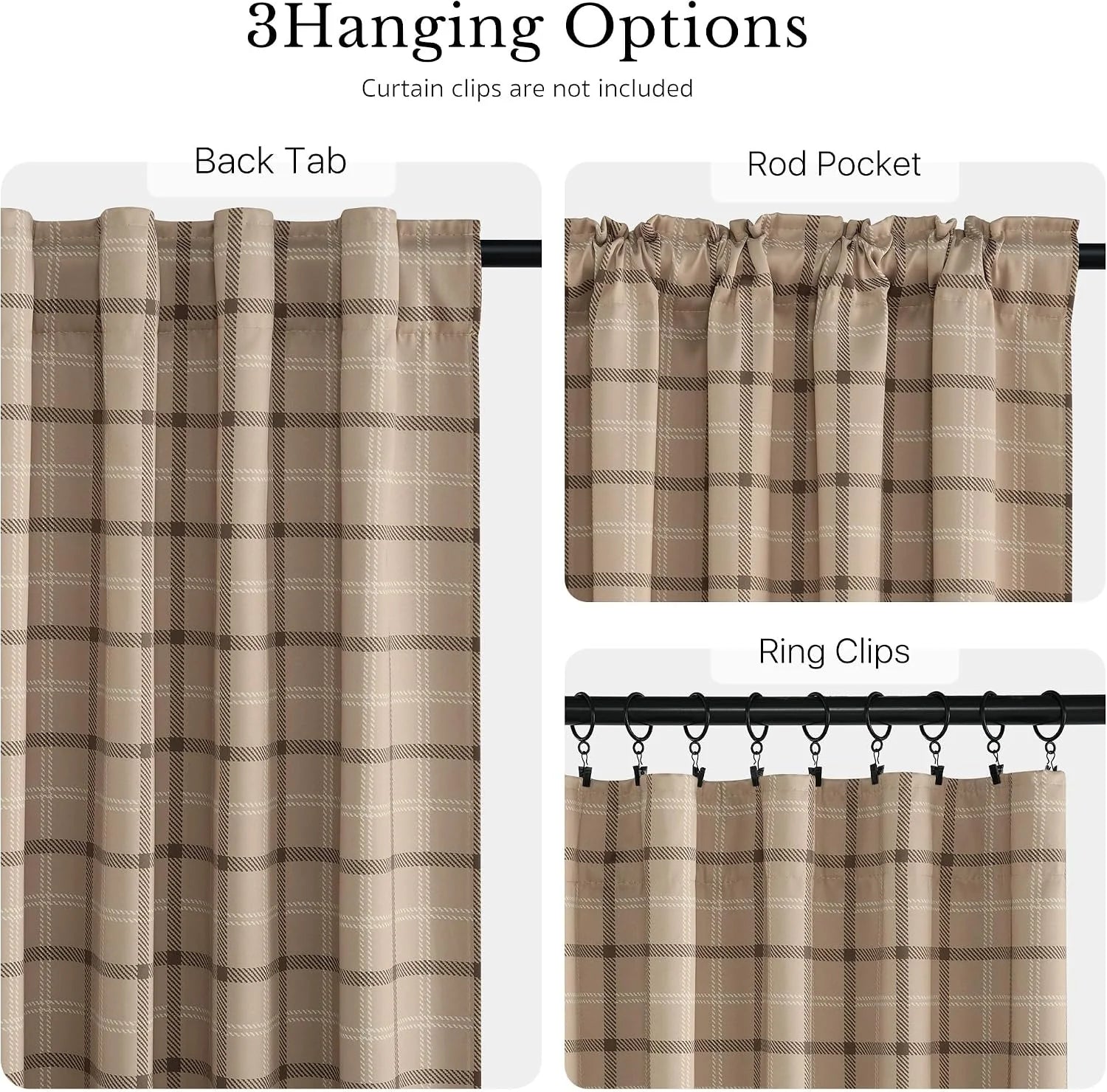 Beige plaid curtain panel showing back tab, rod pocket, and ring clip hanging styles