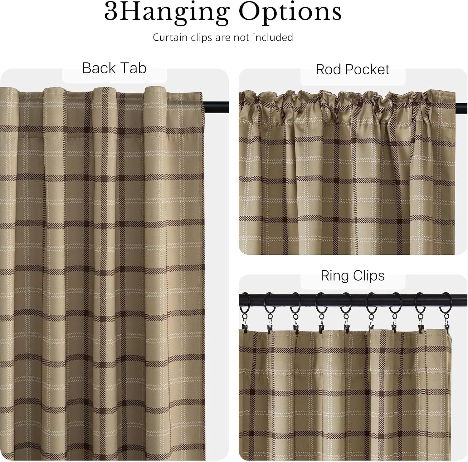 Beige plaid curtain panel showing back tab, rod pocket, and ring clip hanging styles
