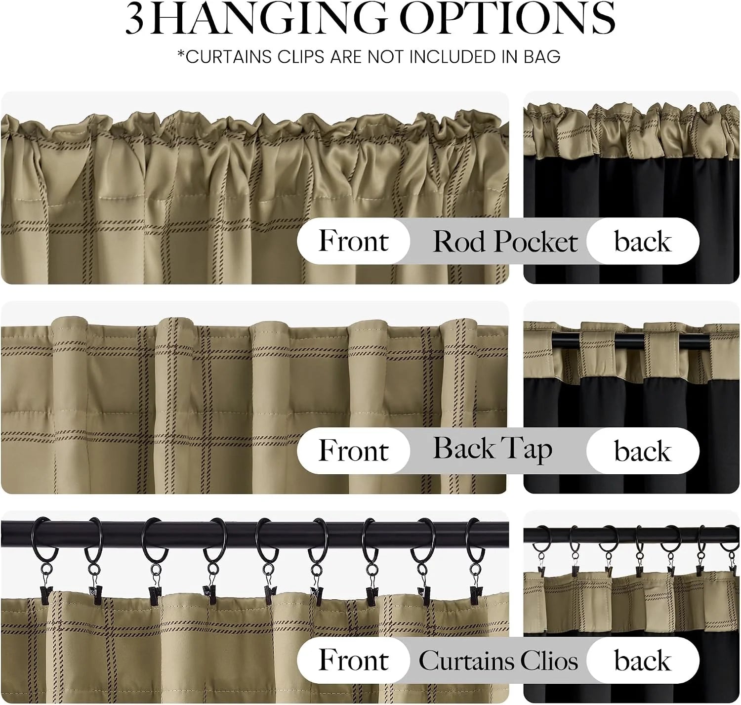 Beige plaid curtain panel showing rod pocket, back tab, and clip hanging styles
