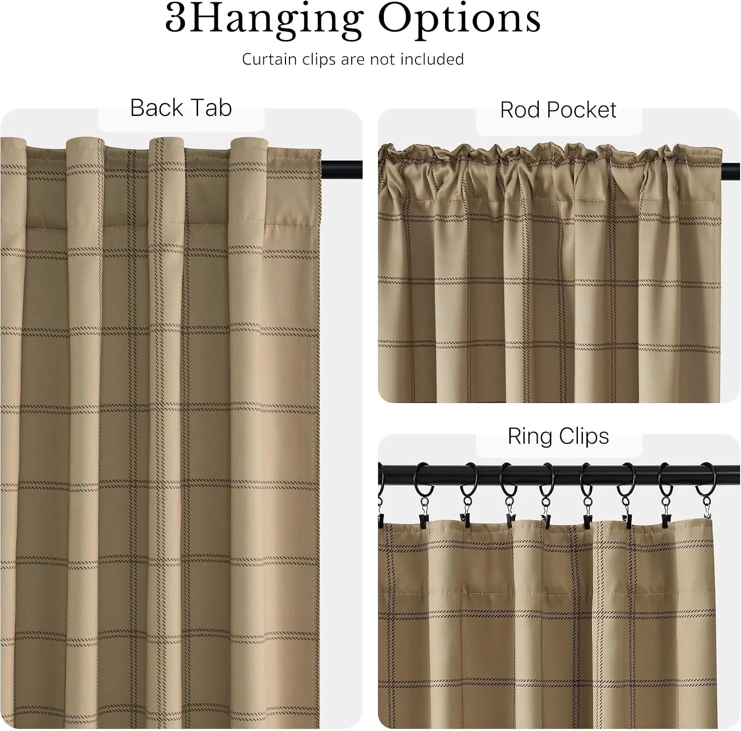 Beige plaid curtain panel showing back tab, rod pocket, and ring clip hanging styles