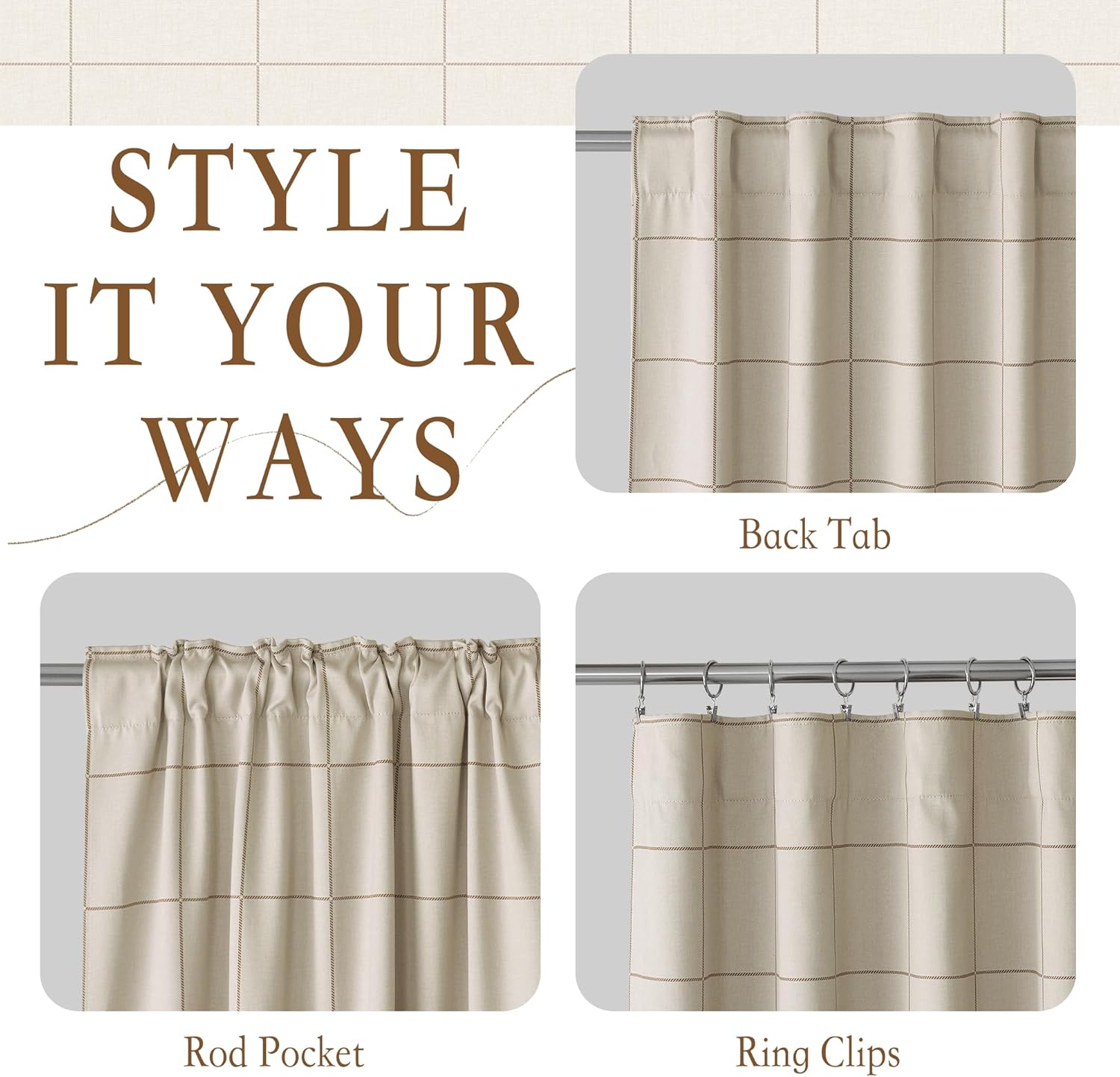 Cream plaid curtain showcasing back tab, rod pocket, and ring clip hanging styles.