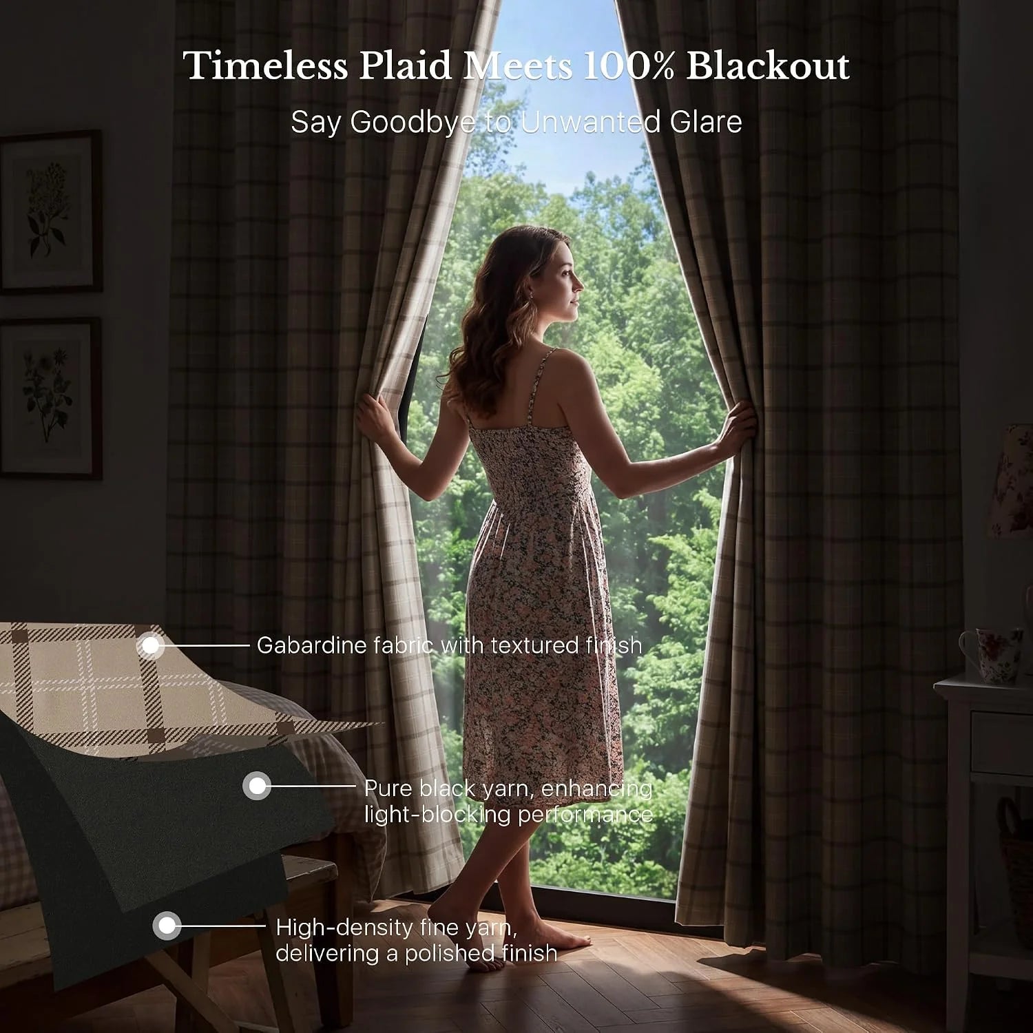 Woman opening beige plaid blackout curtains in a softly lit bedroom window