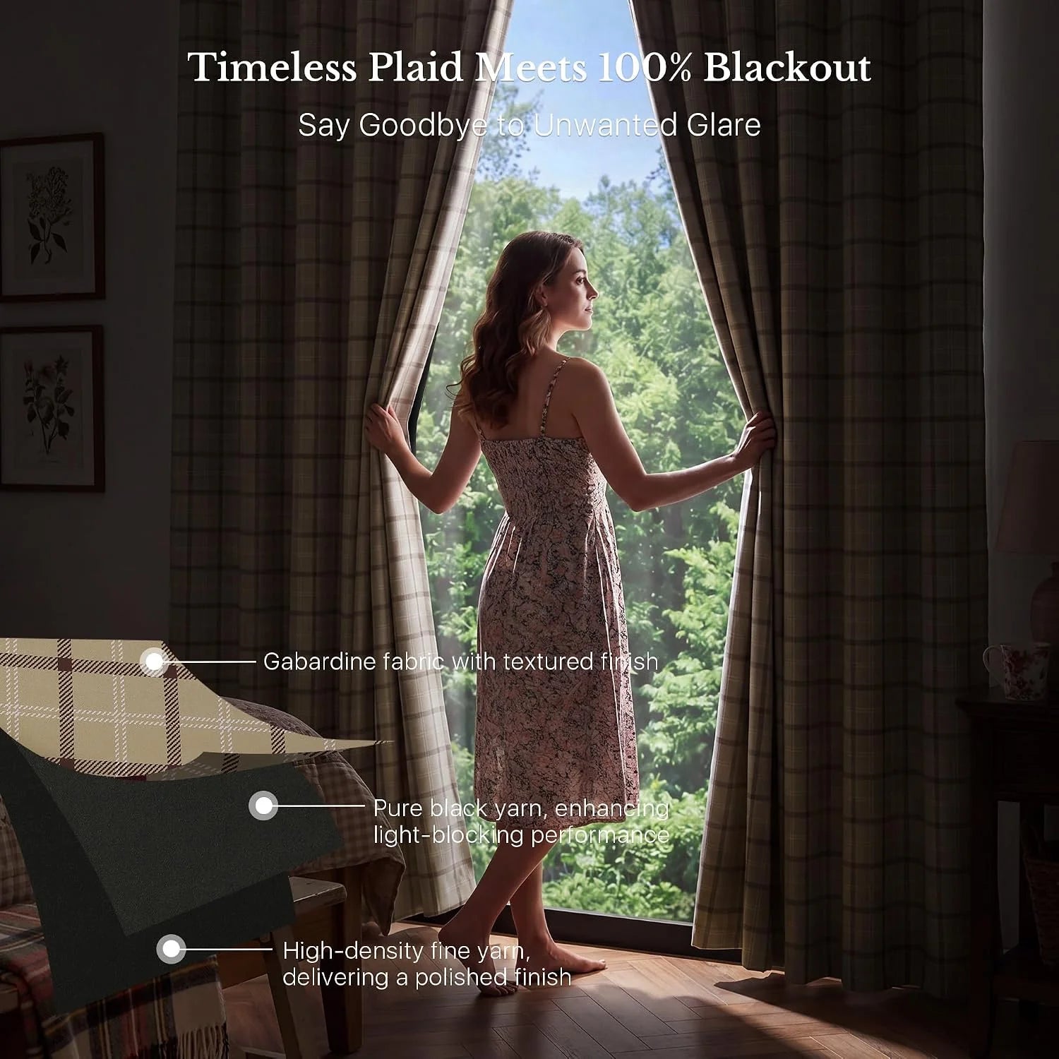 Woman opening beige plaid blackout curtains by a tall bedroom window