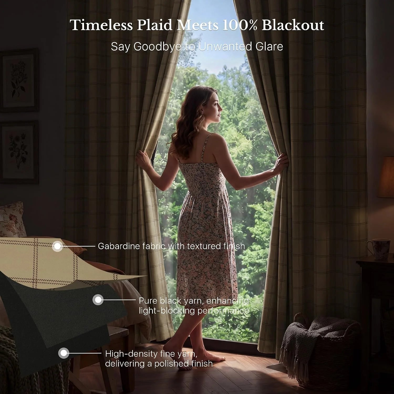 Woman opening beige plaid blackout curtains in a cozy bedroom by a tall window