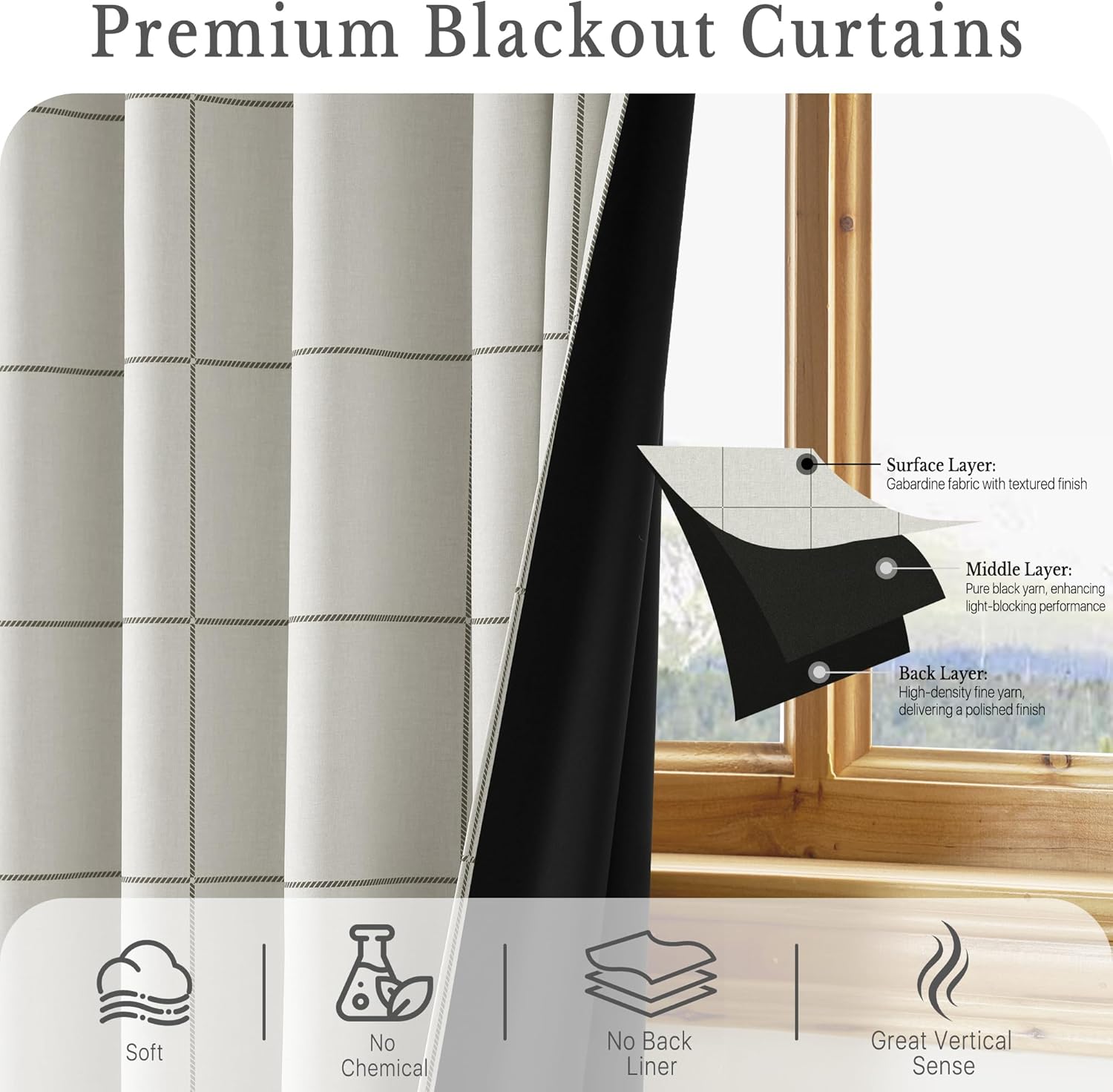 Light beige gabardine blackout curtains with subtle plaid pattern, showcasing layered fabric for light blocking.