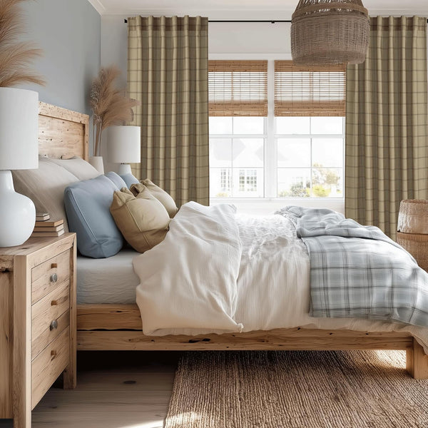 Beige plaid grommet top curtains with fine brown lines, complementing rustic bedroom decor.