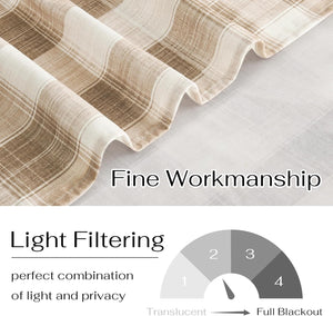 Close-up of beige plaid light filtering curtain fabric with soft drape and visible weave.