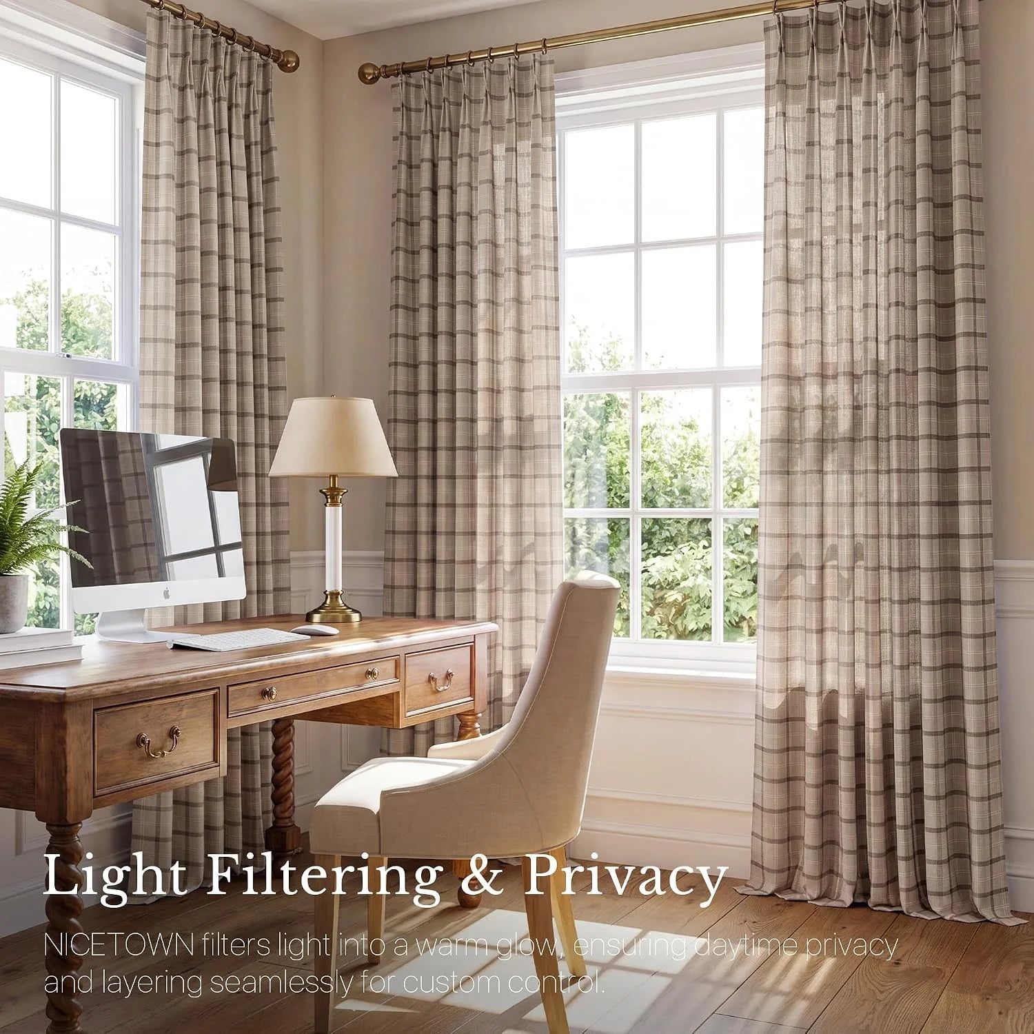 Beige plaid light filtering curtains on brass rods in a bright traditional home office