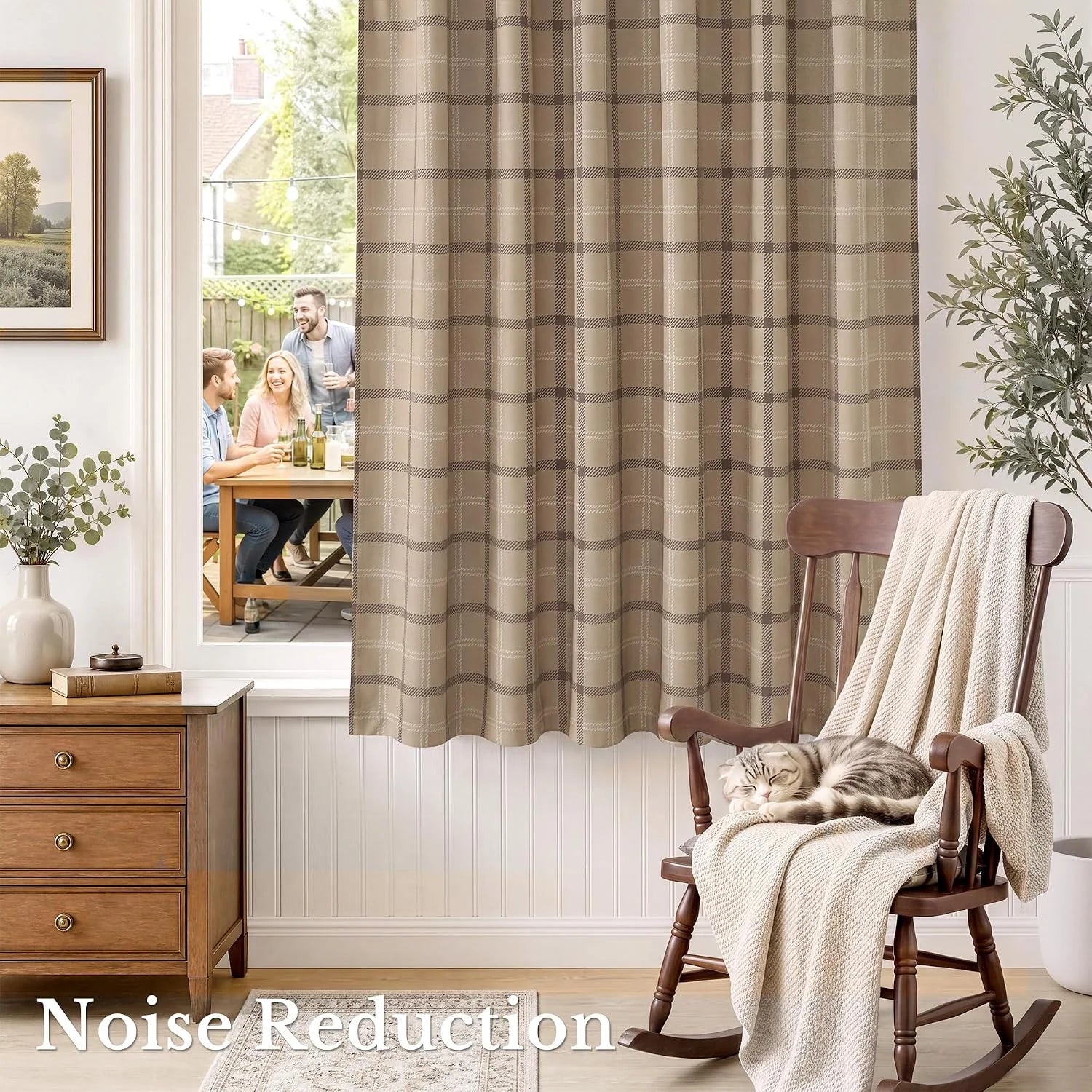 Beige plaid noise-reducing curtain in a cozy living room with rocking chair and cat
