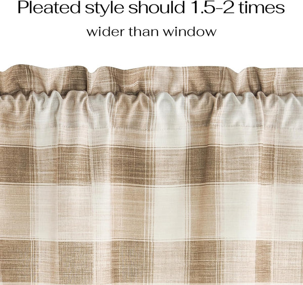 Beige and off-white plaid window valance with a gathered pleated rod pocket top.