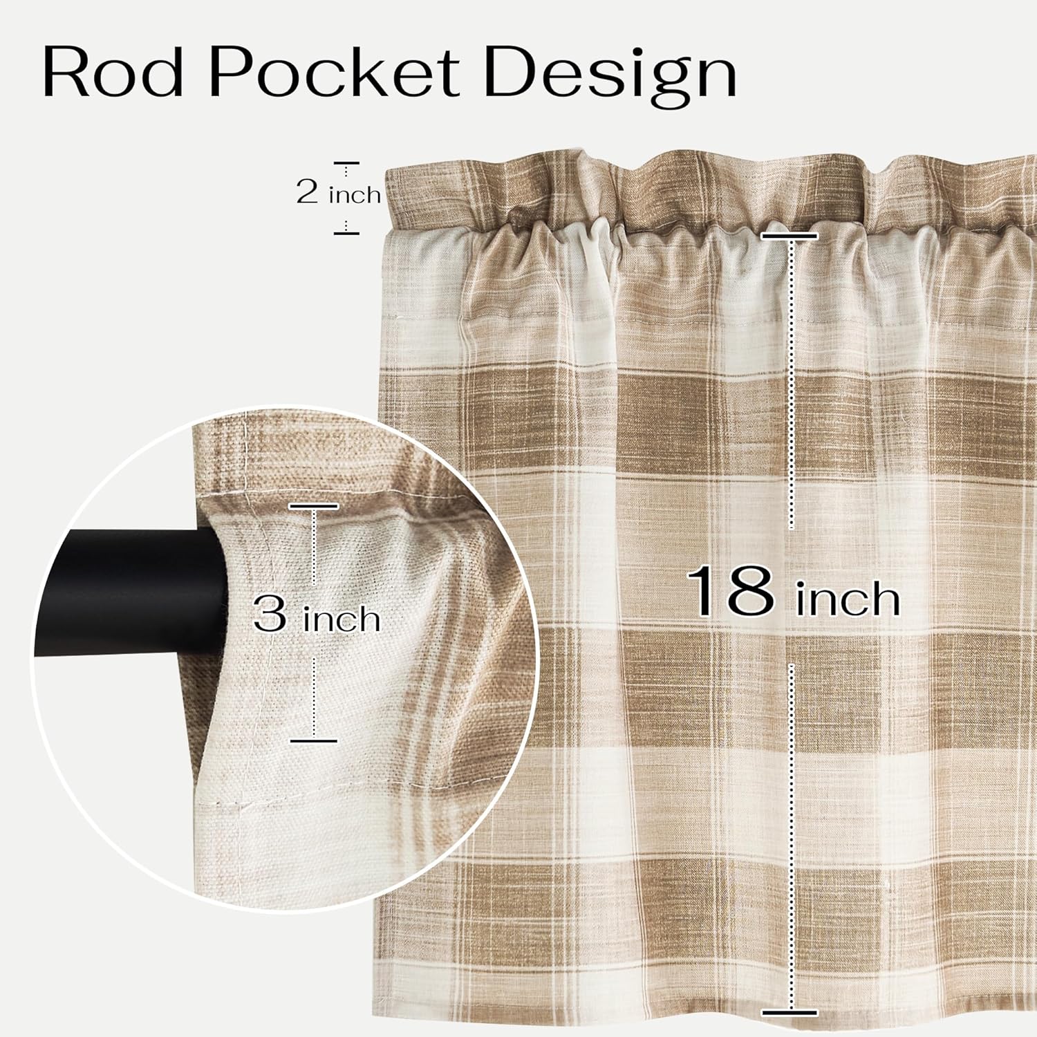Beige and cream plaid rod pocket valance, featuring 3-inch pocket, 2-inch ruffle, and 18-inch length.