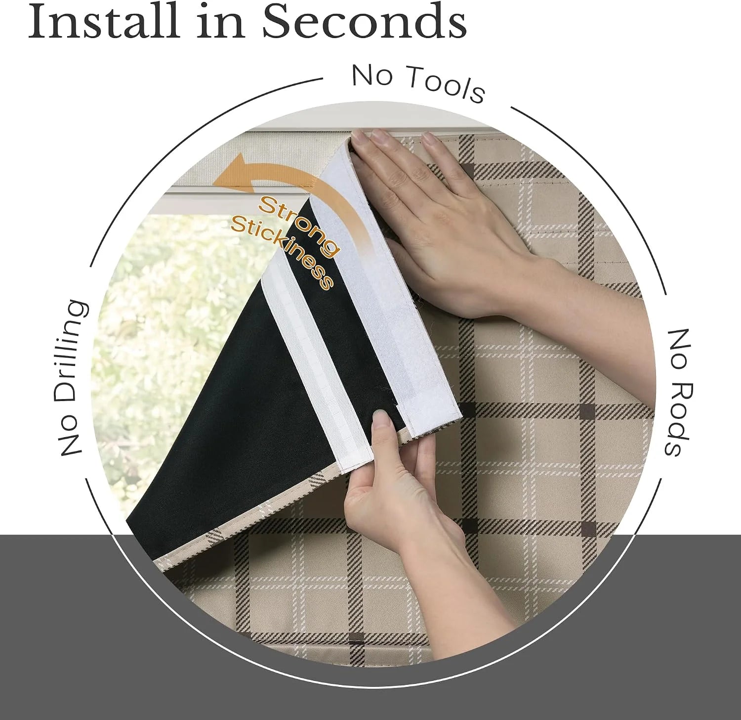 Hands installing a beige plaid stick-on blackout window shade with adhesive backing