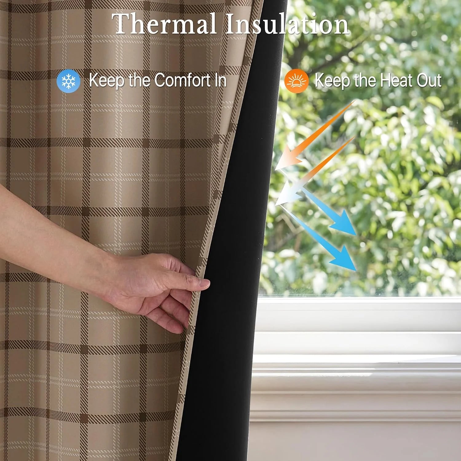 Hand pulling back beige plaid thermal blackout curtain to show black insulated lining