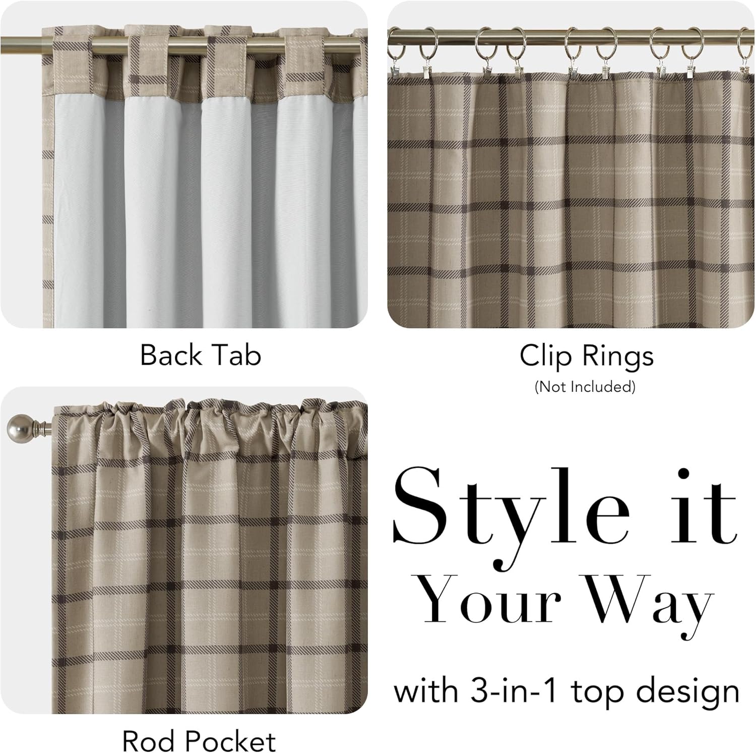 Beige plaid curtain panel with 3-in-1 versatile top design: back tab, rod pocket, clip ring.