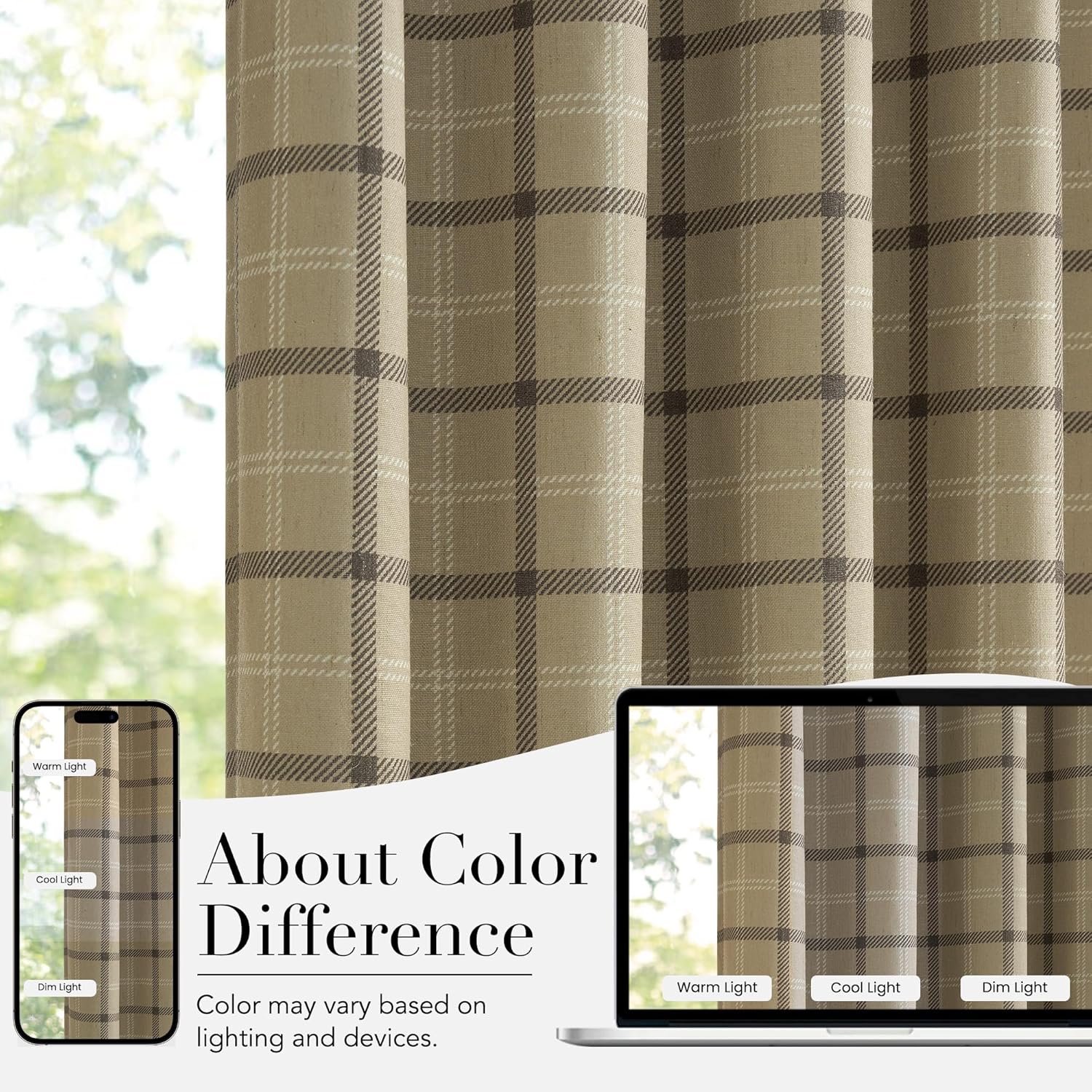 Textured beige window curtain panel with brown and white plaid pattern