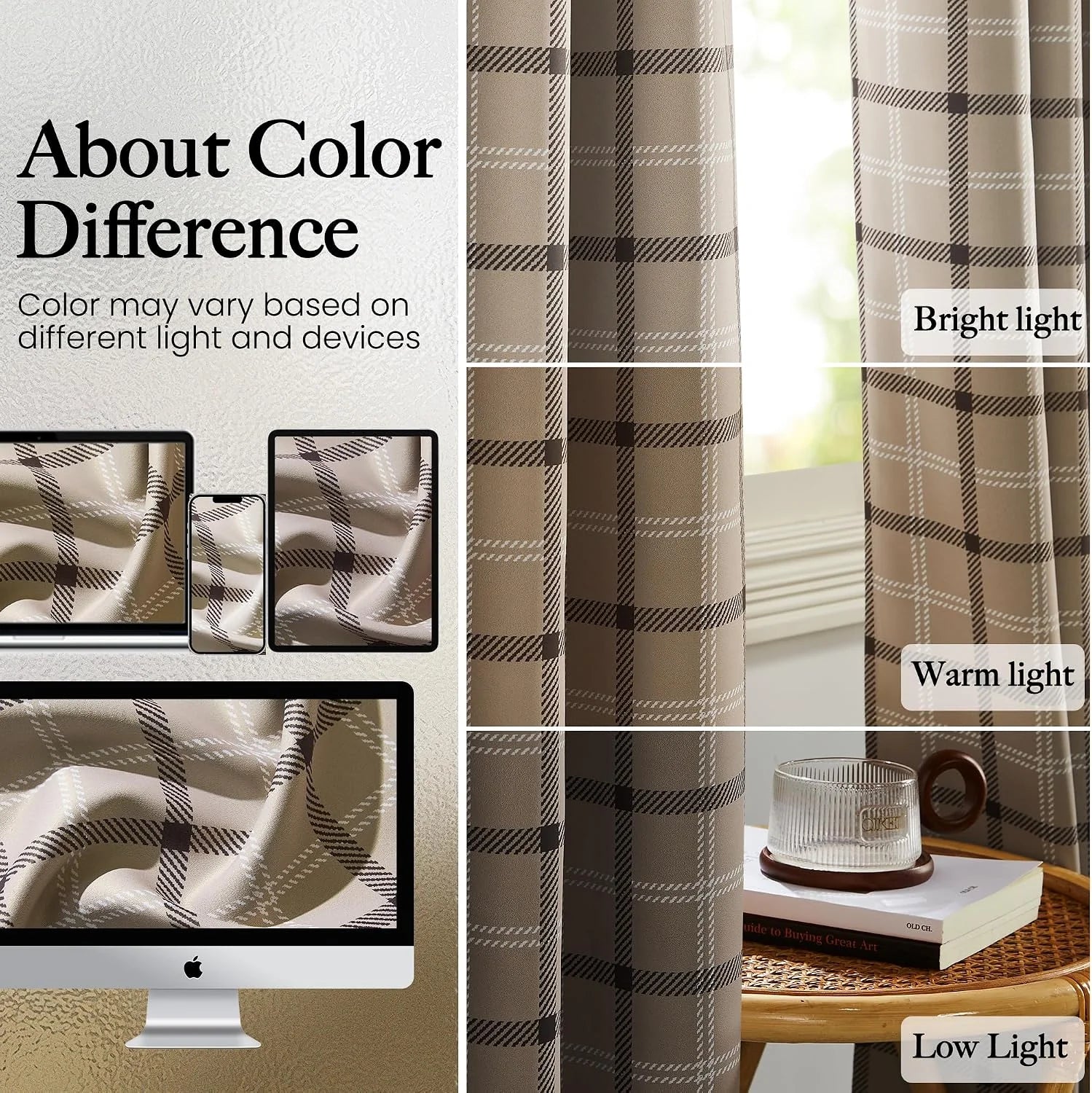 Beige plaid curtains shown in bright, warm, and low light with device color comparison
