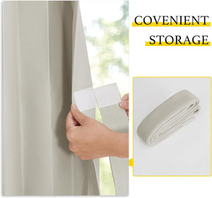 Hand secures light beige pleated blind with hook-and-loop fastener. Rolled fabric demonstrates convenient storage.