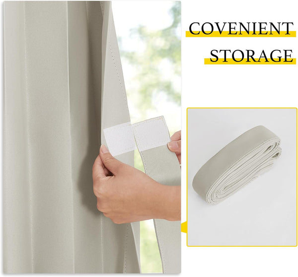 Hand secures light beige pleated blind with hook-and-loop fastener. Rolled fabric demonstrates convenient storage.