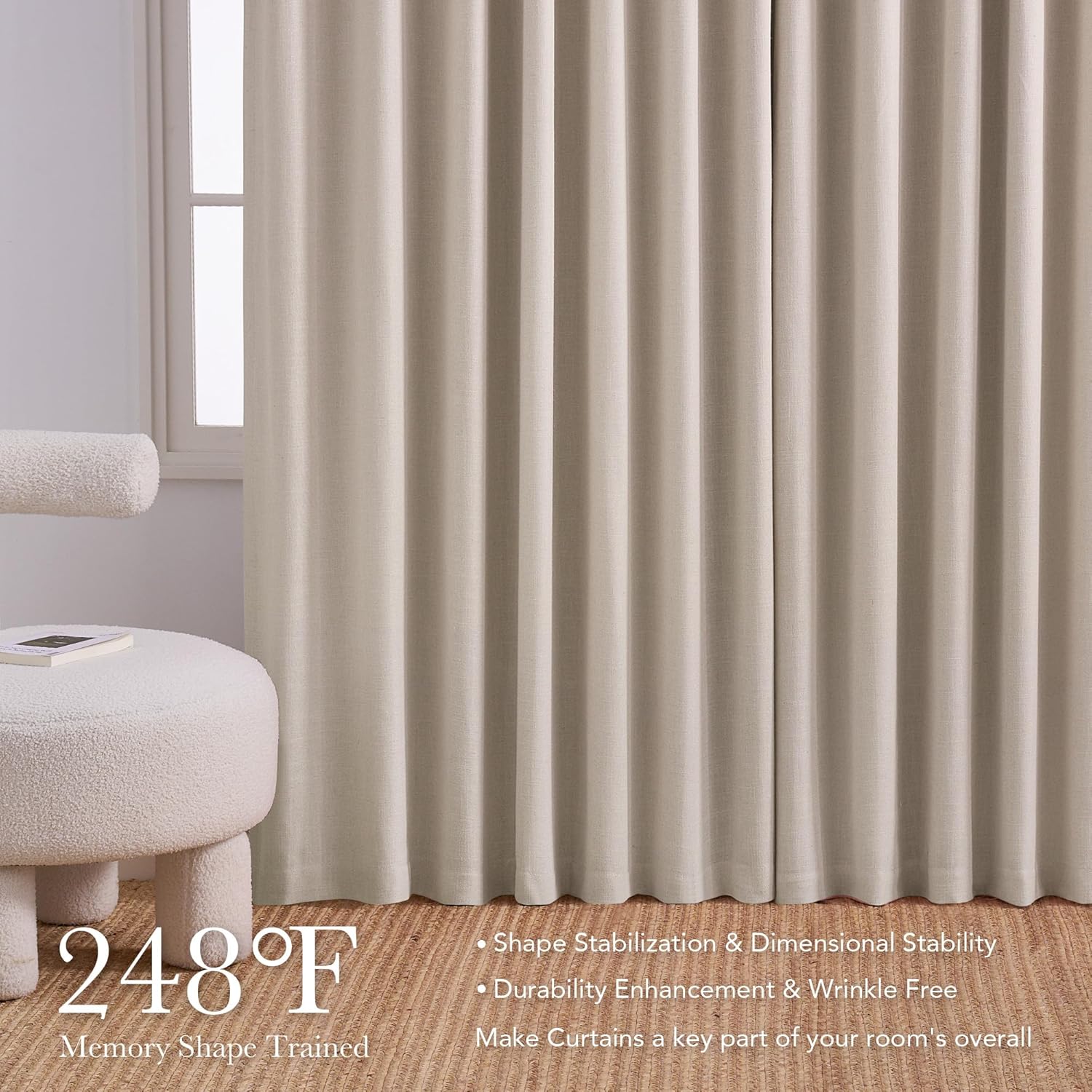 Beige textured pleated curtains with perfect vertical folds beside a window, indicating memory shape training.