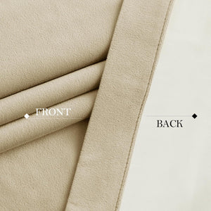 Beige plush curtain fabric with soft, suede-like front and smooth, light off-white back.