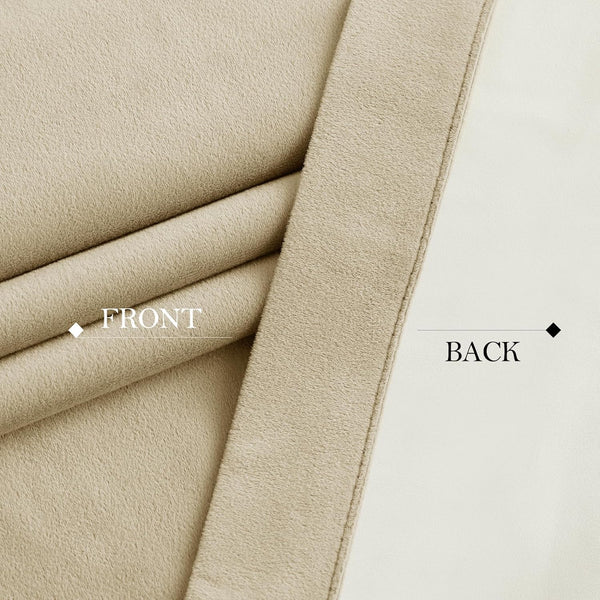 Beige plush curtain fabric with soft, suede-like front and smooth, light off-white back.
