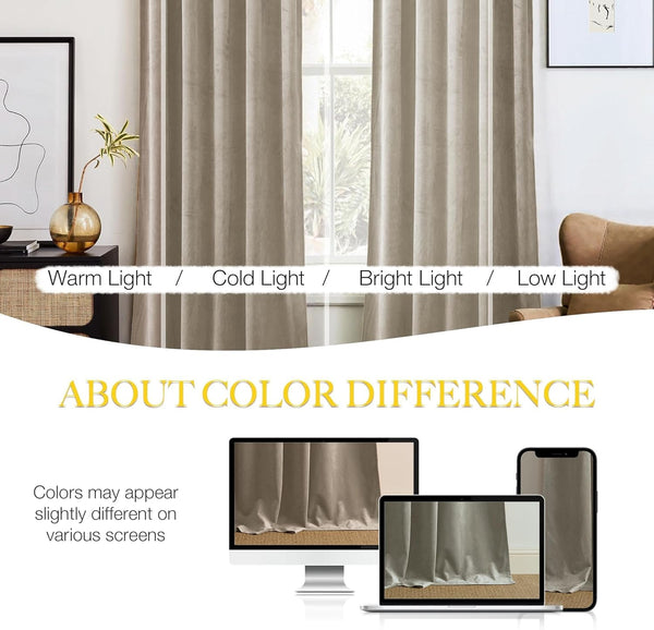 Beige plush curtains hanging in a modern room, demonstrating color appearance under various lighting.