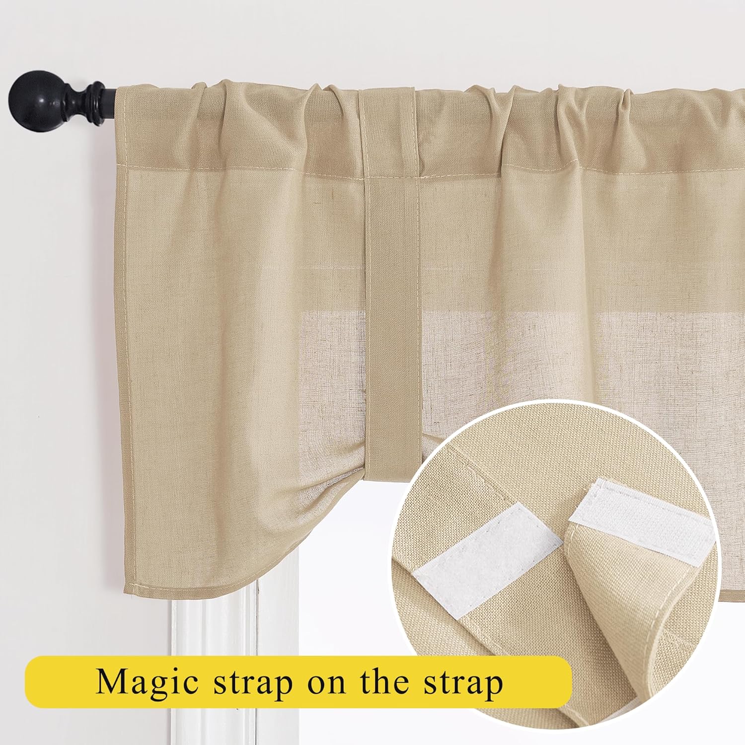 Beige linen-look rod pocket valance with adjustable hook-and-loop fasteners for a gathered look.