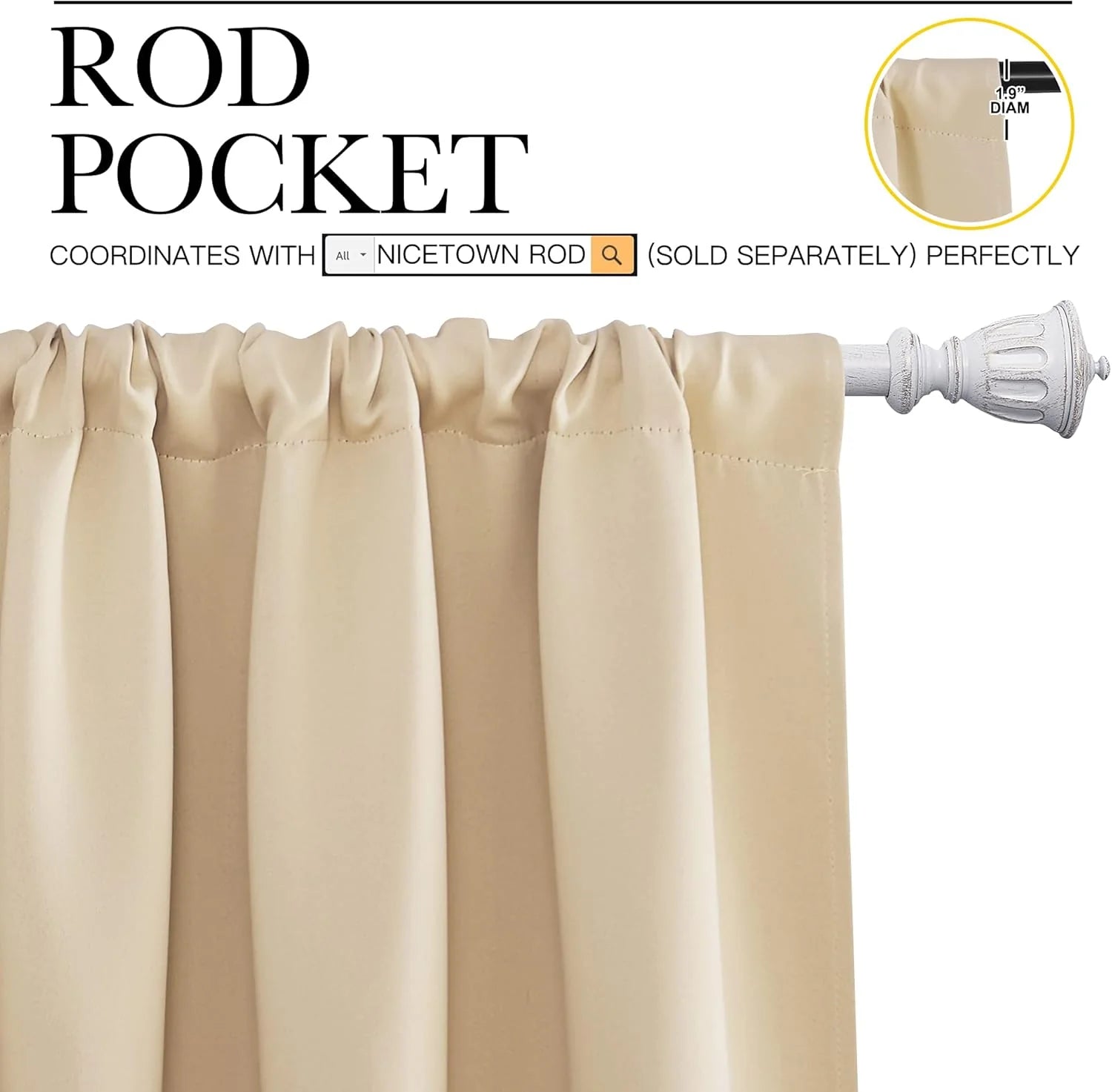 Beige rod pocket curtain panel hanging on a white decorative curtain rod