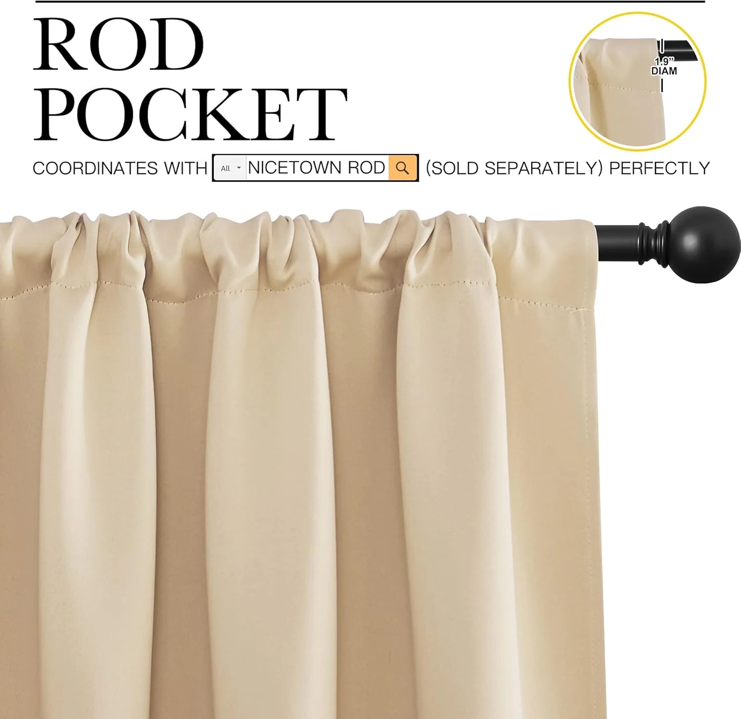 Beige rod pocket curtain panel on a black curtain rod with gathered top