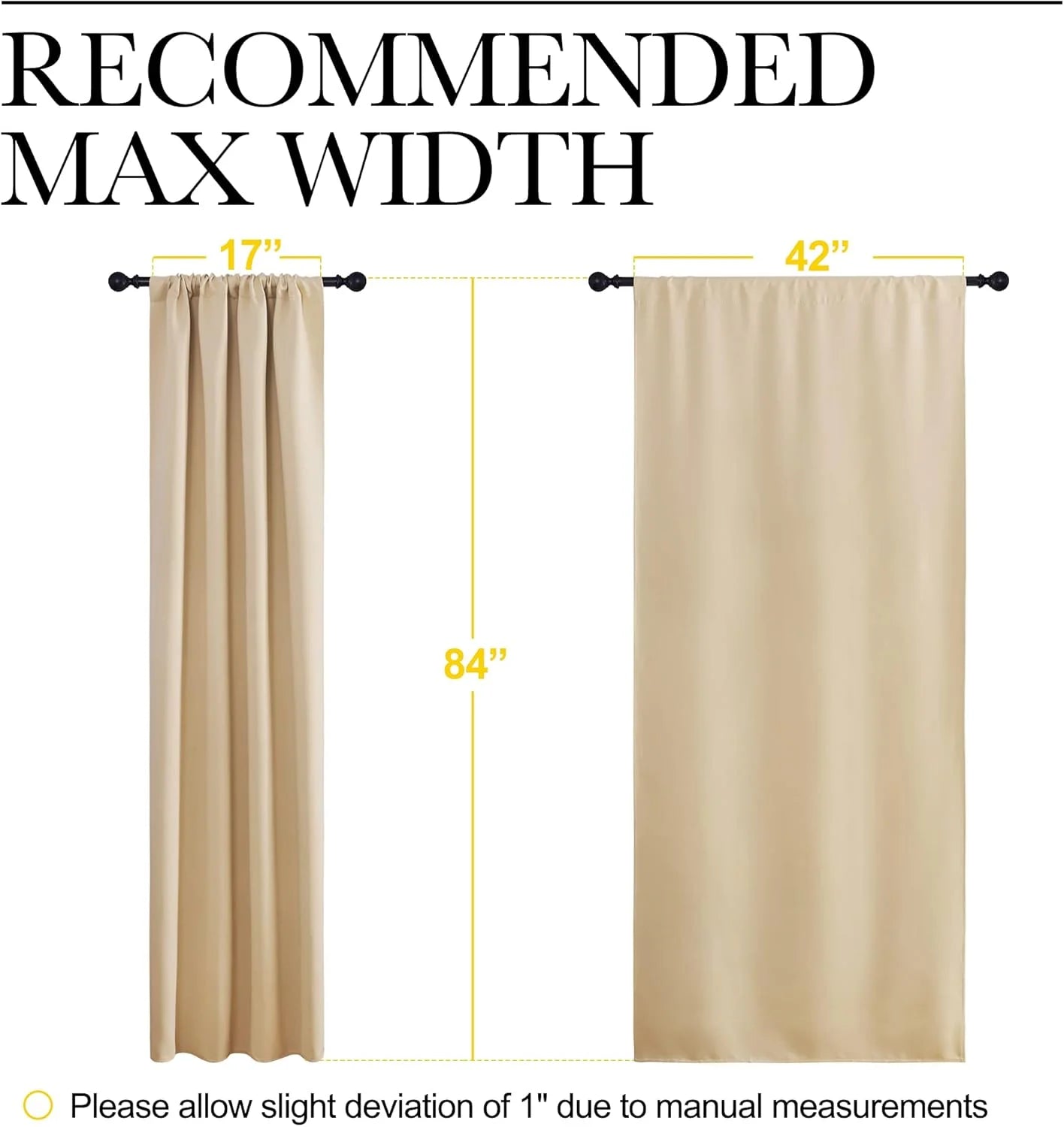 Beige rod pocket curtain panel size chart showing 17 to 42 inch width and 84 inch length