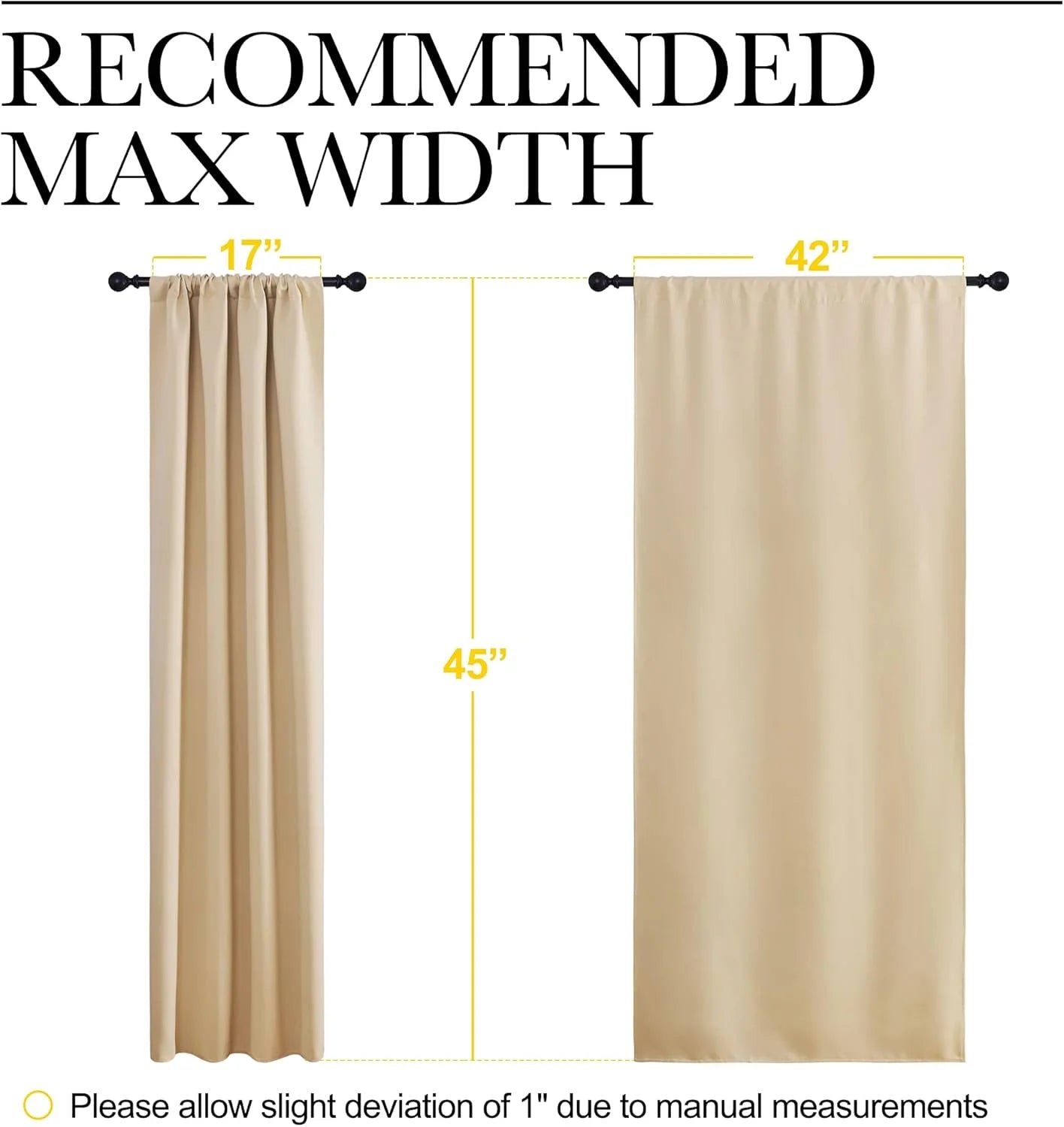 Beige rod pocket curtain panel size chart showing 17 inch and 42 inch widths and 45 inch length
