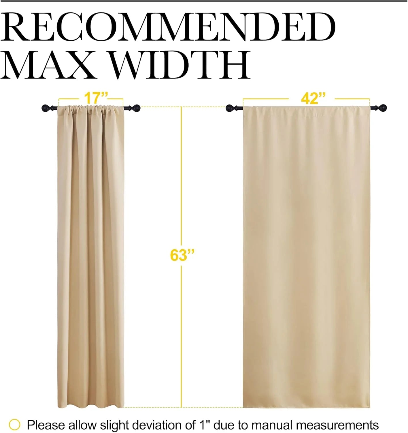 Beige rod pocket curtain panel size chart showing 17 to 42 inch width and 63 inch length