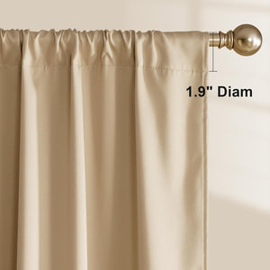 Close-up beige rod pocket curtain panel on golden rod, highlighting 1.9-inch rod diameter.