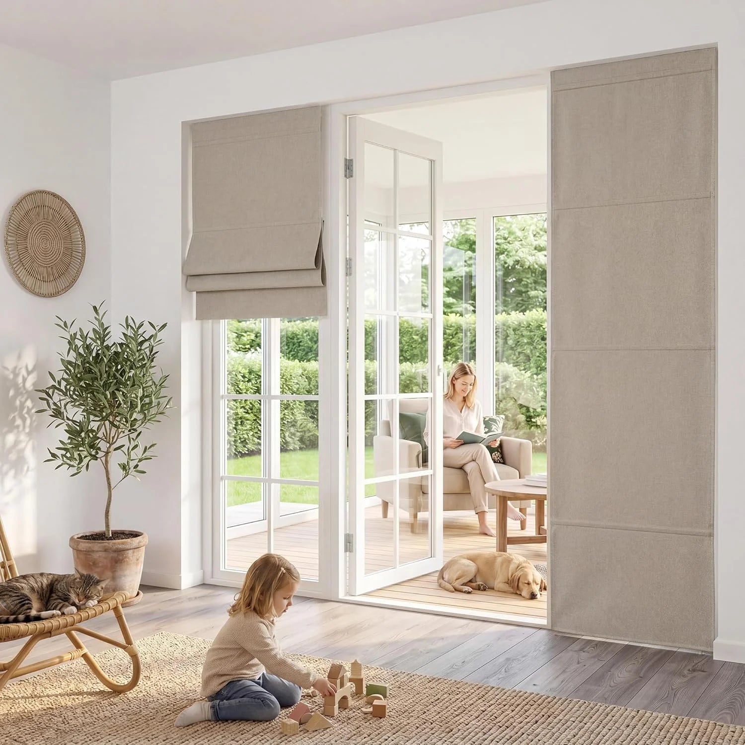 Beige Roman blind and panel screen on white sliding doors in a bright family living room.
